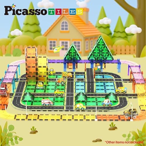 PicassoTiles Magnet Tile Car Track Adventure Theme Printed Street Road Runway Speedway Highway Magnetic Building Tiles Block Construction Pretend Play Playset STEM Education Learning Kit Kids 3+ PTE16 thumbnail 4