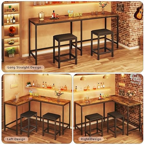 Bar Table and Chairs Set for 2-4, 63'' Convertible L-Shaped Kitchen Table with Power Outlets, 3 Piece Counter Height Small Dining Table with 2 Stools, Space Saving, Breakfast Nook Corner, Rustic Brown thumbnail 3