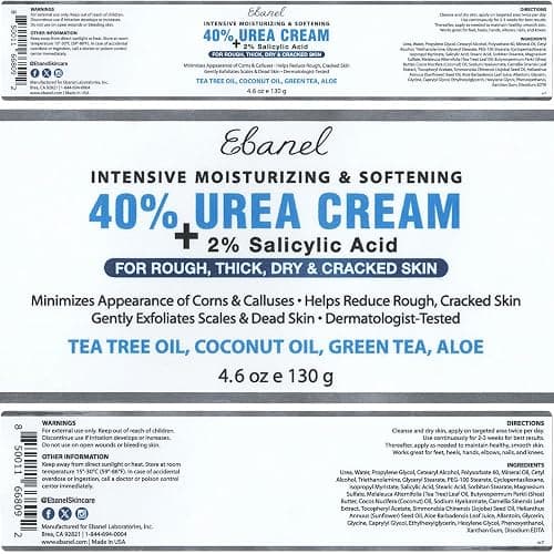 Ebanel Urea Cream 40% plus Salicylic Acid 2%, Foot Cream for Dry Cracked Heels Feet Knees Elbows Hands, Foot Dead Skin Cuticle Callus Remover Toenail Softener, Keratolytic Skin Barrier Repair thumbnail 7