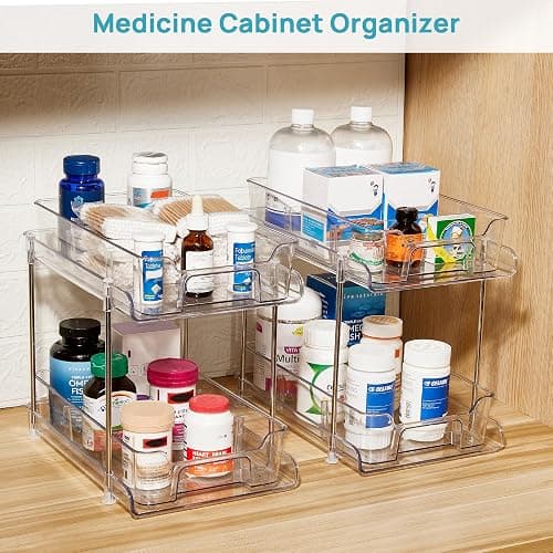 Vtopmart 4 Pack 2 Tier Bathroom Under Sink Organizers and Storage, Clear Kitchen Pantry Organization, Pull Out Medicine Cabinet Organizer with Movable Dividers thumbnail 7