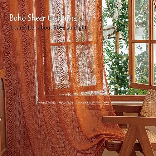 Sutuo Home Terracotta Boho Lace Curtains 2 Panels 84 Inches Long for Living Room&Bedroom, Burnt Orange Crochet Privacy Farmhouse Vintage Tassels Retro Halloween Window Sheer Curtains Rod Pocket,50" W thumbnail 4