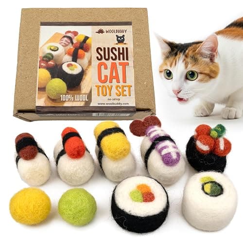 Woolbuddy Sushi Cat Toy Set – Wool Felt Interactive Toys for Indoor Cats & Kittens, Catnip-Free, Durable, Cute Enrichment Toys for Bored Cats, Natural Wool Dental & Hunting Play (Small – 9 Pcs) - Image 1
