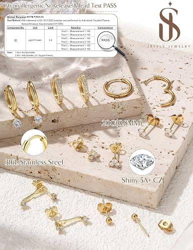 Jstyle Hypoallergenic 14K Gold Plated Stud Hoop Earrings for Women - Surgical Stainless Steel Earrings Trendy Small Hoops Cartilage Earring Stacks Huggie Earring Set for Multiple Piercing Jewelry thumbnail 6