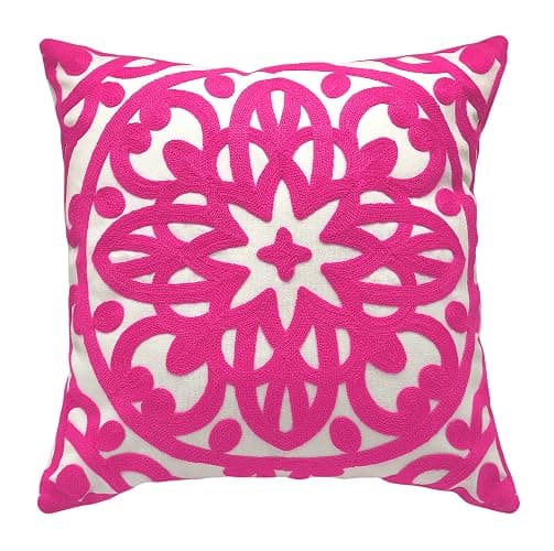 Alysheer Embroidered Decorative Throw Pillow Cover 18x18 inches, Classic Boho Mandala Knit Pattern, Farmhouse Cottage Cotton Canvas Cushion Case for Sofa Couch Bed Living Room Decor(Bright Hot Pink) - Image 1