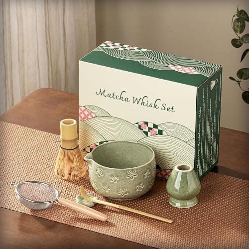 Veraelle Matcha Whisk Set, Ceramic Matcha Set, 6 Pcs Matcha Kit Includes Matcha Bowl, Matcha Whisk with Holder, Bamboo Scoop, Scoop Rest, Sifter, Ceremonial Matcha Tea Set, Perfect Gifts, Green thumbnail 5