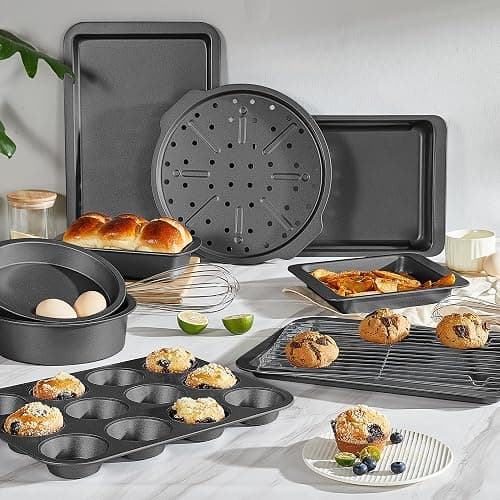 HONGBAKE Bakeware Sets, Baking Pans Set, Nonstick Oven Pan for Kitchen with Wider Grips, 10 Pieces Including Rack, Cookie Sheet, Cake Pans, Loaf Pan, Muffin Pan, Pizza Pan - Grey thumbnail 2