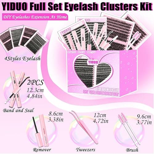 YIDUO 4 Styles Lash Clusters Kit 60D+80D+100D+150D Volume Clusters Lashes Extensions Kit with 2 X Bond and Seal 10-18mm Wispy D Curvature Full Individual Eyelash Extensions Kit DIY at Home Easily thumbnail 9