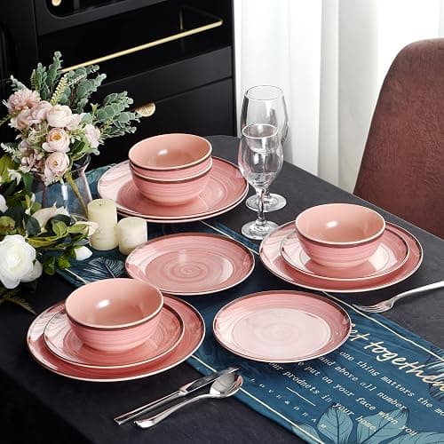 12Pcs Melamine Dinnerware Set, Plates And Bowls Sets for 4, Pink Color Dinnerware Sets, Melamine Plates Bowls Indoor and Outdoor Use Dish Set Dishwasher Safe BPA Free(Pink) thumbnail 6