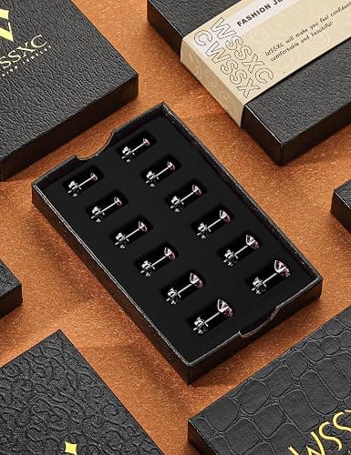 6 Pairs Stud Earrings Set, Hypoallergenic Cubic Zirconia 316L Earrings Stainless Steel CZ Earrings 3-8mm (Steel color) thumbnail 4