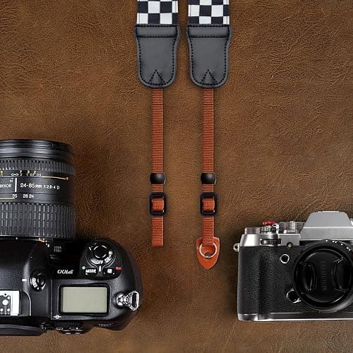 Padwa Lifestyle Black and White Plaid Camera Strap - 2" Wide Double Layer Cowhide Head,Cotton Camera Shoulder Straps,Grid Pattern Adjustable Camera Neck Strap for all Cameras,Gift for Photographers thumbnail 6