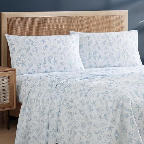 Caribbean Joe Queen Coastal Print Microfiber Sheet Set, Coastal Brocade | Soft, comfortable 100% polyester microfiber 4-piece set with 12" deep pockets and a coastal seashell pattern thumbnail 2