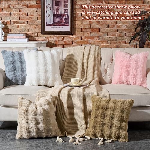AmHoo Pack of 2 Throw Pillow Covers 3D Dense Faux Rabbit Fur Cozy Super Soft Fuzzy Set Case Cushion for Couch Sofa Bedroom 18 x 18-Inch Oatmeal thumbnail 2
