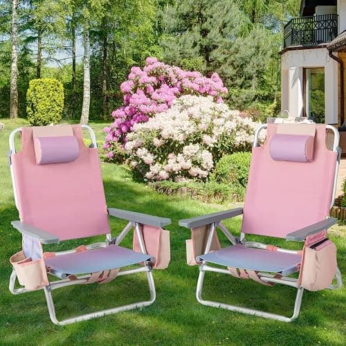 Giantex Folding Beach Chair, Patio Sling Chairs with 5 Adjustable Position, Head Pillow, Storage Bag, Towel Bar, Cup Holders, Backpack Chairs for Sunbathing, Camping Chair thumbnail 8