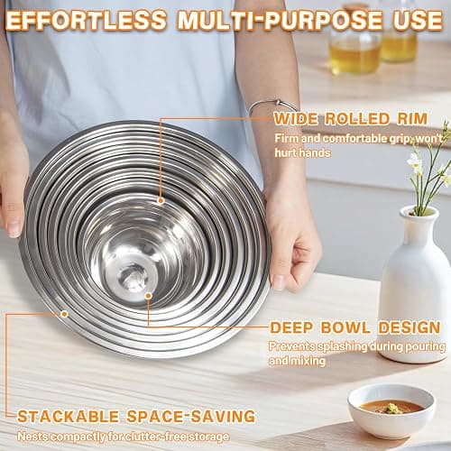 Mixing Bowls with Airtight Lids for Kitchen, 7 Piece Stainless Steel Metal Nesting Storage Bowls, 3 Grater Attachments, Size 4.5, 3.6, 2.7, 2.1,1.7, 1.1,0.7QT for Mixing, Baking & Serving Food thumbnail 7