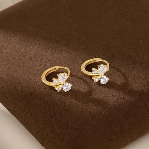 Reffeer Solid 925 Sterling Silver CZ Bow Hoop Earrings for Women Teens Cute Bow Earrings Huggie thumbnail 6