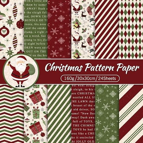 Whaline 24 Pack Christmas Pattern Paper 30x30cm Red Green Textured Scrapbook Paper Double-Sided Xmas Craft Papers Folded Flat for DIY Background Card Making Scrapbook Photo Album Decor, 12 Designs - Image 1