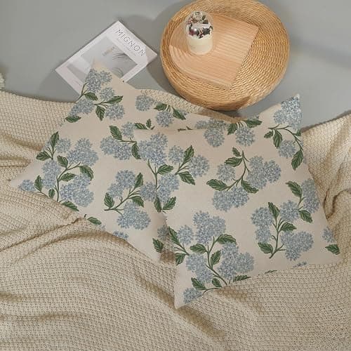 DAFENA Spring Pillow Covers 18x18 Inch 2 Pcs Blue Green Hydrangea Flower Decor Throw Pillows Vintage Floral Seasonal Summer Outdoor Decoration Pillowcase Linen Cushion Cover for Couch Sofa thumbnail 6