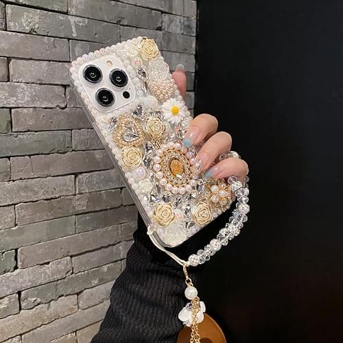 iFiLOVE for iPhone 14 Pro Bling Diamond Case with Flower Strap, 3D Luxury Sparkle Glitter Crystal Rhinestone Pearl Love Rose Wristband Bracelet Case Cover for Girls Women Kids (Champagne) thumbnail 6
