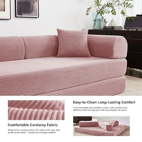 Reiboco 79" Convertible Sofa Bed, Pull Out Sleeper Couch, Corduroy Loveseat Futon for Small Apartment, No Assembly Oversized Floor Sofa, Modern Couch Bed for Living Room Guest Room (Pink) thumbnail 5