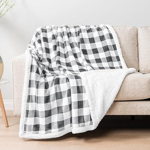 PAVILIA Checkered Sherpa Throw Blanket Couch Sofa Bed, Light Grey, 50x60 | GSM 460; Plush Flannel Fleece with Buffalo Plaid; Warm&Cozy for Home; Perfect Fall & Winter Decor Holiday Christmas Gift thumbnail 2