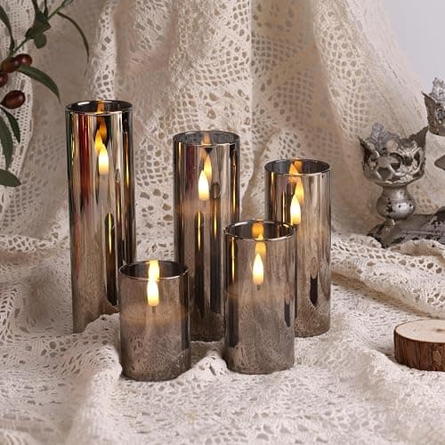 Eywamage 5 Pack Grey Glass Flameless Candles with Remote, Flickering Slim Tall LED Pillar Votive Candles Battery Included - Gray thumbnail 4