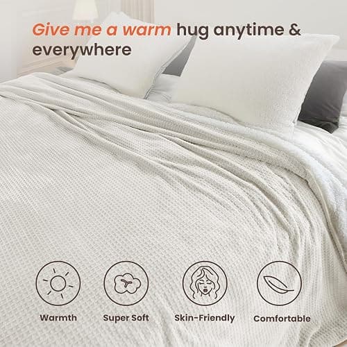 blunique Heated Blanket Electric Blanket Queen Waffle, 84x90 Inches Dual Controllers Sherpa Fleece Fast Heating Blanket 6 Heating Levels & 10 Hours Auto Off ETL Certification,Beige Queen thumbnail 3