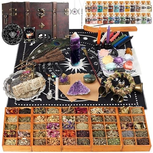 SHYSHINY Huge Witchcraft Kit, 200Pack Witchcraft Supplies for Witch Spells, Wiccan Supplies and Tools with Wooden Box Witch Starter Kit for Beginners - Image 1