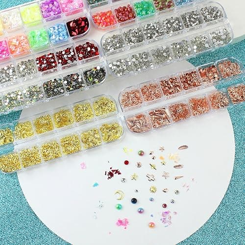 Artdone Nail Art Studs Kit, 6 boxes Multicolor And Design 3D Charms With 15 Sheets Gold Nail Stickers, Diamond Cute Nail Jewels For DIY Decoration with Pickup Tools thumbnail 2
