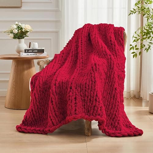 Carriediosa Chunky Knit Throw Blanket 50" X 60", 100% Hand Made Large Chenille Loop Yarn Soft Fluffy Throws for Couch Sofa Bed, Big Crochet Cozy Heavy Thick Cable Woven Blankets, Red thumbnail 8