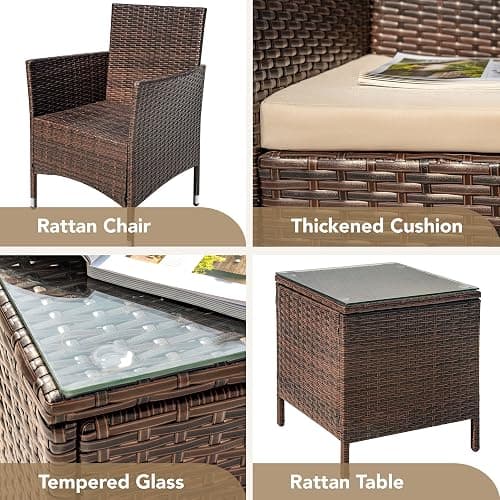 Devoko Patio Porch Furniture Sets 3 Pieces PE Rattan Wicker Chairs with Table Outdoor Garden Furniture Sets (Brown/Beige) thumbnail 8