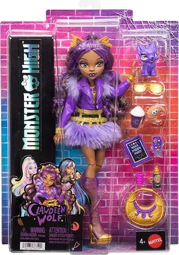Monster High Doll, Clawdeen Wolf in Purple Moto Jacket and Furry Skirt with Pet Wolf Pup Crescent and 7 Accessories Like Book, Croissant and Purse thumbnail 6