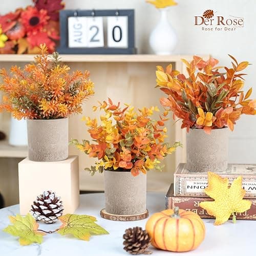 Der Rose 3 Pack Fake Plants Warm Orange Faux Plants for Fall Table Decor | Orange maple-toned eucalyptus, lightweight and compact, maintenance-free, autumn accents for shelf kitchen bedroom entryway thumbnail 5