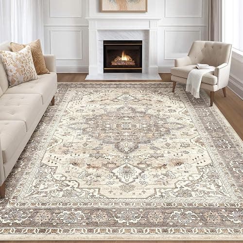 8x10 Area Rugs Living Room: Washable Boho Large Neutral Vintage Soft Rug Stain Resistant Farmhouse Non Slip Indoor Floor Carpet for Bedroom Nursery Kids Playroom Office Dining Room Home Decor- Brown - Image 1
