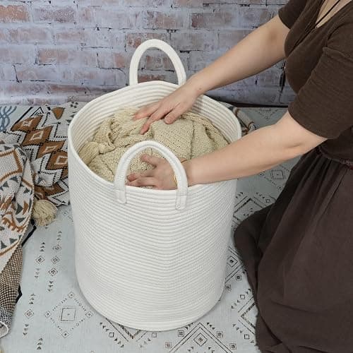 XUANGUO Cotton Rope Laundry Basket Hamper for Clothes Decorative Woven Storage Basket for Living Room Bedroom Boho Tall Rope Baskets for Blanket Toys Baby Nursery Hamper Bin Large white thumbnail 2