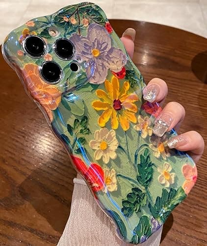 Amytor Case for iPhone 15 Pro Max, Colorful Retro Oil Painting Printed Flower Laser Glossy Pattern Cute Curly Wave Edge Exquisite Phone Cover Stylish Durable TPU Protective Case (Purple Yellow White) thumbnail 2