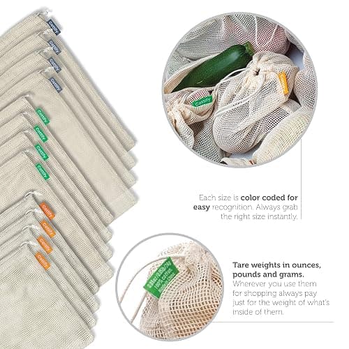 12+1 Reusable Produce Bags Grocery Washable, Organic Cotton Mesh Produce Bags, Double-Stitched & Tare Weigh, Mesh bags for vegetables, Cotton Produce Bags Reusable Washable, Produce bag 4xS, 4xM, 4xL thumbnail 5