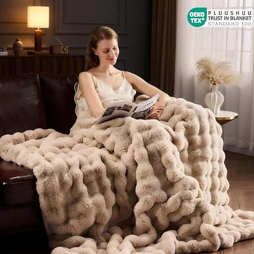 PLUUSHUU Faux Fur Throw Blanket for Couch, Fluffy Fuzzy Plush Bubble Blanket, Soft Warm Cozy Shaggy Rabbit Blanket, Luxury Decorative Gifts for Sofa Bedroom Living Room, 60x50inch (Naked Color) thumbnail 3