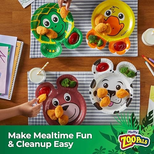 Hefty Zoo Pals Party Edition Paper Plates for Kids, Assorted Animal Designs, 7.75 Inches with Two Dipping Compartments, Multi-Color, 20 Count thumbnail 2