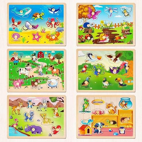 SYNARRY Wooden Puzzles for Toddlers 1-3, 6XSET Animals Puzzles for Toddlers 2-4 with Rack, Toddler Puzzles Ages 2-4, Kids Learning Educational Montessori Toys for 2 3 Year Old, Gifts for Boys Girls thumbnail 4