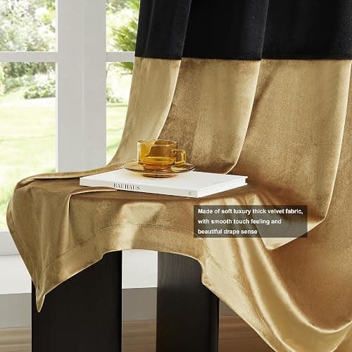 BULBUL Black Gold Color Block Window Curtains Panels 84 inches Long Velvet Farmhouse Drapes for Bedroom Living Room Darkening Treatment with Grommet Set of Black Gold thumbnail 5