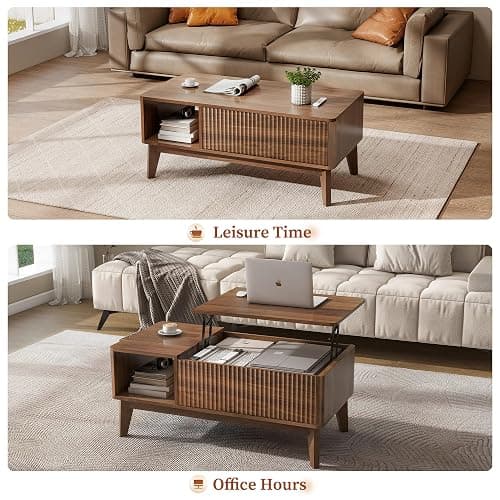 LYNCOHOME Fluted Lift Top Coffee Table with Storage, Modern Coffee Table for Living Room, Home Office（Walnut thumbnail 3