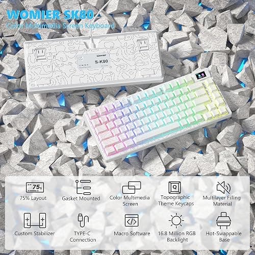 Womier SK80 75% Percent Keyboard with Color Multimedia Display Mechanical Gaming Keyboard Topographic, Hot Swappable Gasket Mount RGB Creamy Key Board Pre-lubed POM Switch for Mac/Win,White thumbnail 6