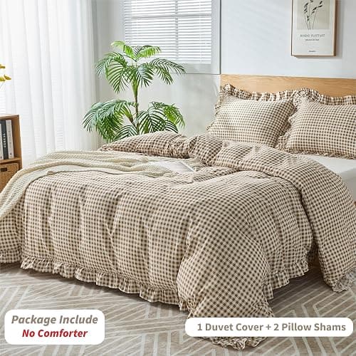kisswish Gingham Duvet Cover Queen Size, 3 Pieces Soft Breathable Microfiber Plaid Comforter Cover with Zipper Closure & 2 Pillow Shams, Ruffle Farmhouse Vintage Decor, Taupe thumbnail 3