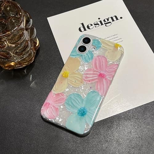 Jmltech for iPhone 16 Plus Case Girly Aesthetic Women Cute Floral Women Shockproof Flowers Oil Painting Flexible Silicone Phone Case for iPhone 16 Plus Mint Pink thumbnail 3