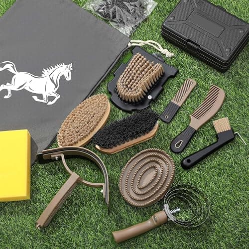 Abbylike 12 Pieces Horse Grooming Kit Racing Festival Tack Room Supplies Horse Brush Sets Equine Care Cleaning Kit Shedding Grooming Massaging Tools(Dark Gray) thumbnail 7
