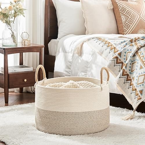 KAKAMAY Large Blanket Basket 20"x13", Cotton Rope Woven Laundry Storage Basket, Baskets for Toy,Stuffed Animal Storage, Dog,Toy Box, Gift Basket for Living Room Nursery Baby Hamper (Beige) thumbnail 5