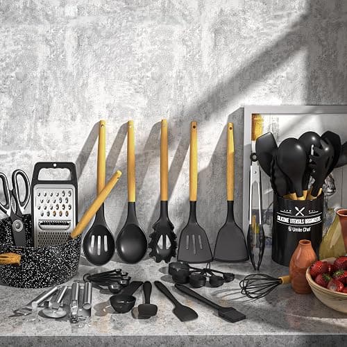 Kitchen Utensils Set- 34PCS Silicone Cooking Utensils with Holder, Umite Chef Heat Resistant Kitchen Utensil Spatula Set for Nonstick Cookware, Black Wooden Handles Kitchen Gadgets Tools Set thumbnail 2