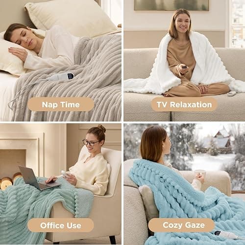 Bedsure Electric Blanket Queen Size - Thick Striped Flannel Electric Blanket with Dual Control, Heating with 10 Heat Settings & 10 Time Settings, 8 hrs Timer Auto Shut Off (84x90 inches, White) thumbnail 6