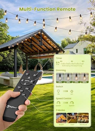 Brightown 58FT Solar String Lights Outdoor, IP65 Waterproof, Remote, Timer | Patio Lights with 17 LED Shatterproof Bulbs, 3 Light Modes, Dimmable, Outside Light for Backyard Porch Yard Party Xmas Decor thumbnail 2