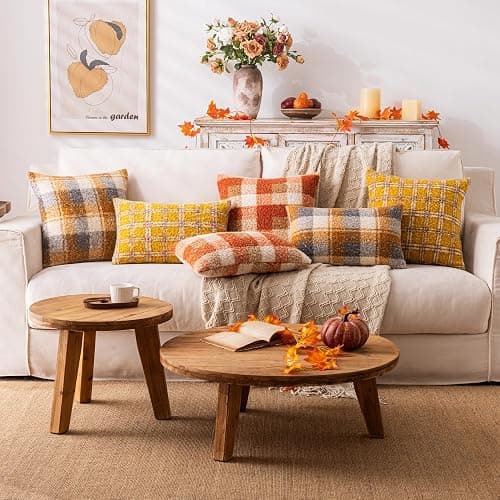 AQOTHES Plaid Fall Throw Pillow Covers Orange 18x18 Inch Set of 2 | Boucle Decorative Pillow Covers, Autumn Cozy Fluffy Home Farmhouse Decor, for Living Room Sofa Couch Bed, Holiday Decorations thumbnail 5